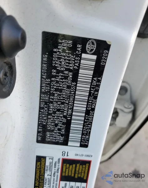 2017 Toyota Avalon Xle z USA, uszkodzony, nr VIN 4T1BK1EB0HU245576